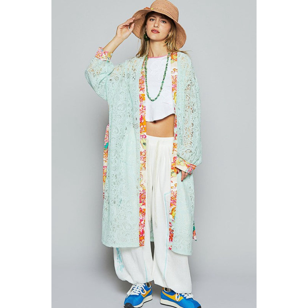 POL Clothing Floral Trim Lace Open Front Longline Cardigan Robe Size L